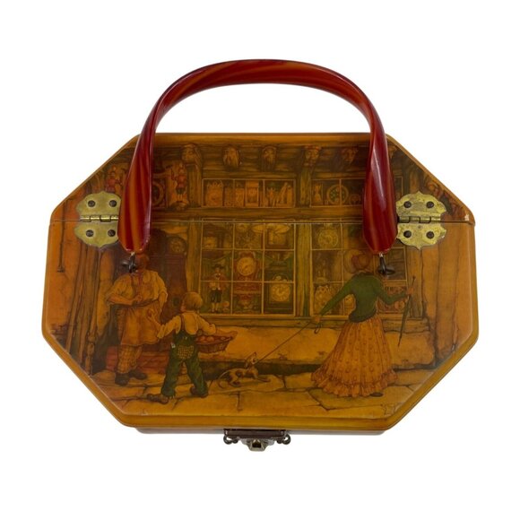 Anton Pieck Scenic Decoupage Wooden Purse With Lucite Handle - Picture 3 of 16